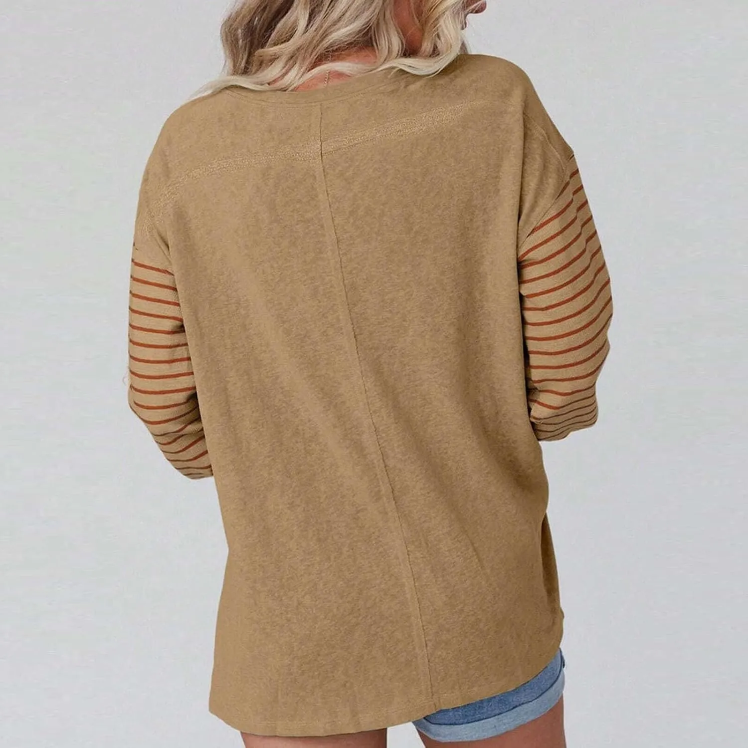 Womens Loose T Shirts Fashion Striped Color Block Long Sleeve Crewneck Side Slit Tunics Fall Lightweight Workout Tops