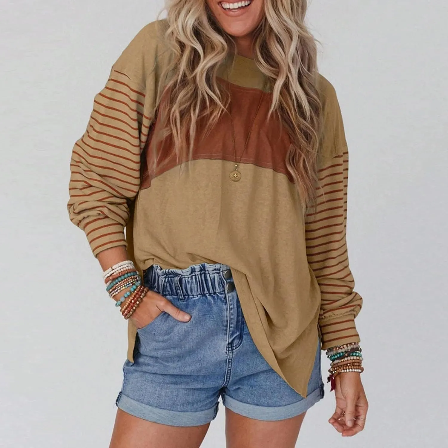 Womens Loose T Shirts Fashion Striped Color Block Long Sleeve Crewneck Side Slit Tunics Fall Lightweight Workout Tops