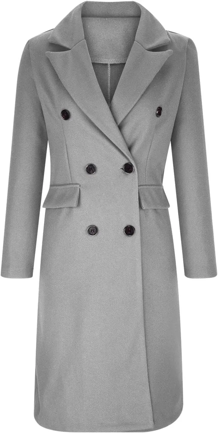 Women's Maxi Wool Blend Coat Notch Lapel Double Breasted Trench Peacoat Casual Dresses Long Blazer Jacket Overcoat