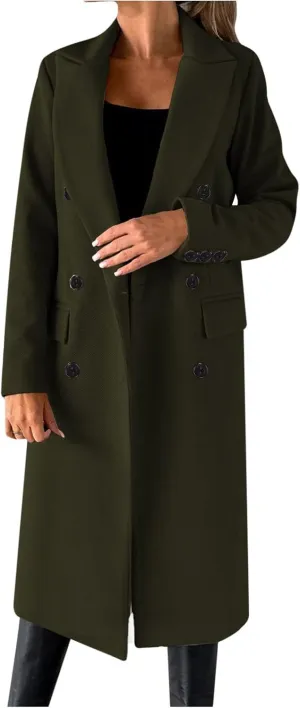 Women's Maxi Wool Blend Coat Notch Lapel Double Breasted Trench Peacoat Casual Dresses Long Blazer Jacket Overcoat