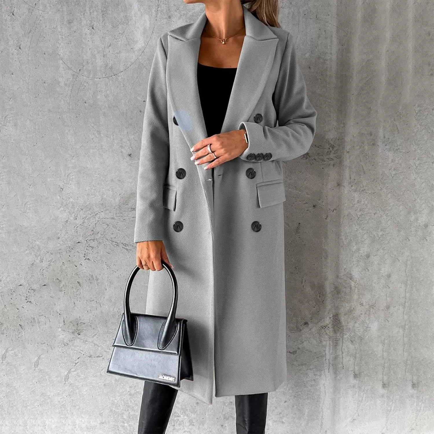 Women's Maxi Wool Blend Coat Notch Lapel Double Breasted Trench Peacoat Casual Dresses Long Blazer Jacket Overcoat