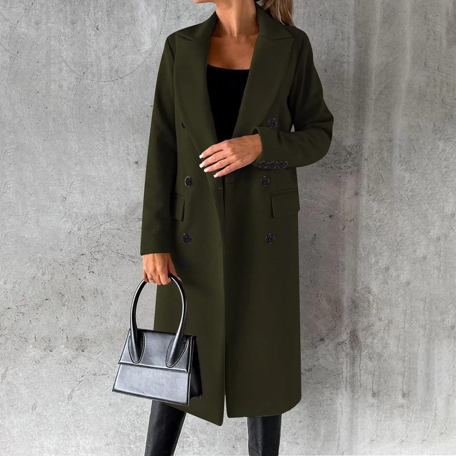 Women's Maxi Wool Blend Coat Notch Lapel Double Breasted Trench Peacoat Casual Dresses Long Blazer Jacket Overcoat