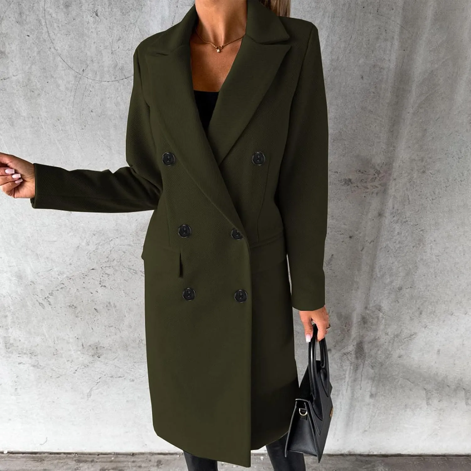 Women's Maxi Wool Blend Coat Notch Lapel Double Breasted Trench Peacoat Casual Dresses Long Blazer Jacket Overcoat