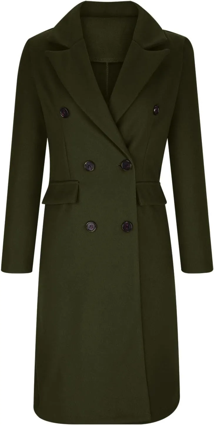 Women's Maxi Wool Blend Coat Notch Lapel Double Breasted Trench Peacoat Casual Dresses Long Blazer Jacket Overcoat
