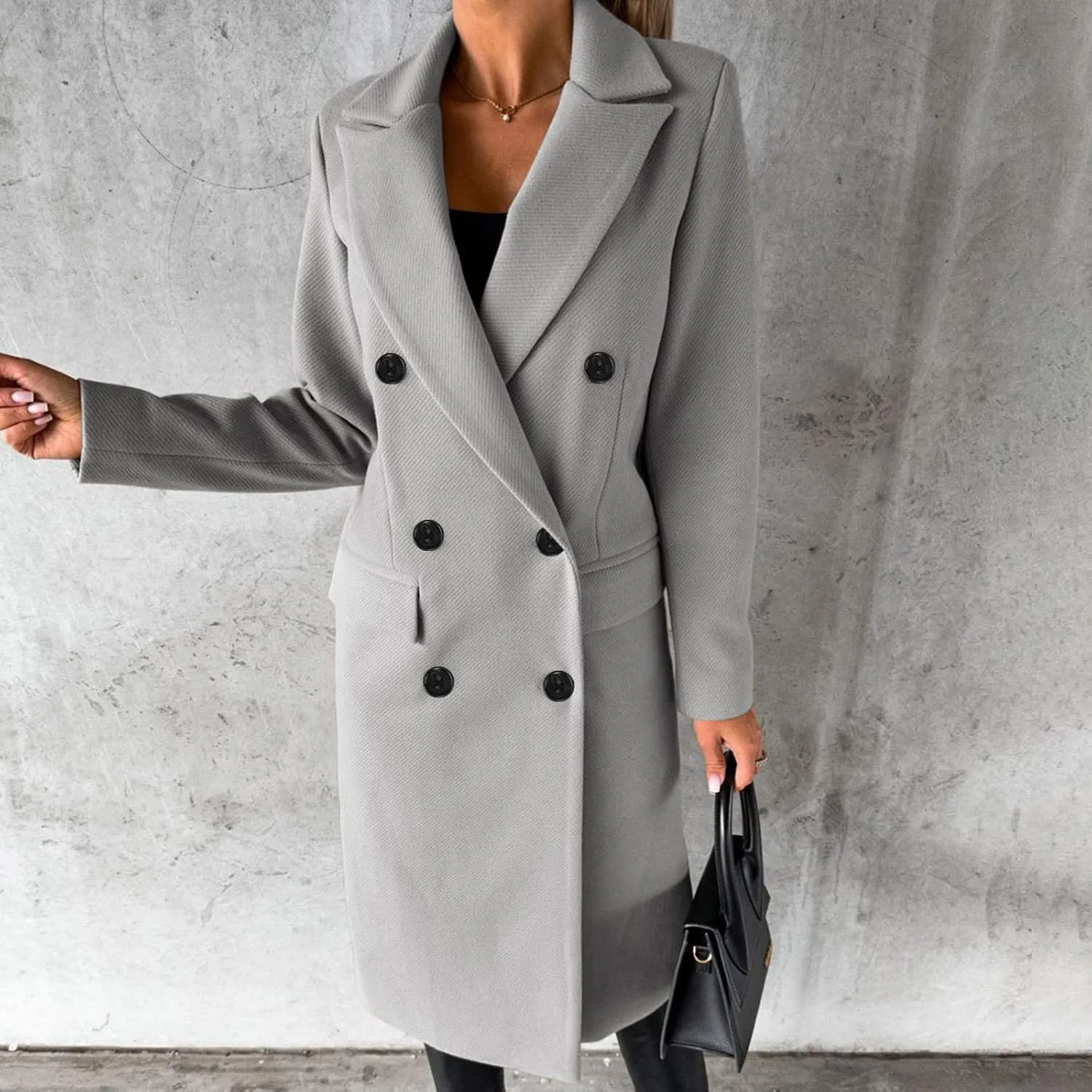 Women's Maxi Wool Blend Coat Notch Lapel Double Breasted Trench Peacoat Casual Dresses Long Blazer Jacket Overcoat