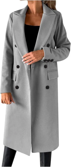 Women's Maxi Wool Blend Coat Notch Lapel Double Breasted Trench Peacoat Casual Dresses Long Blazer Jacket Overcoat