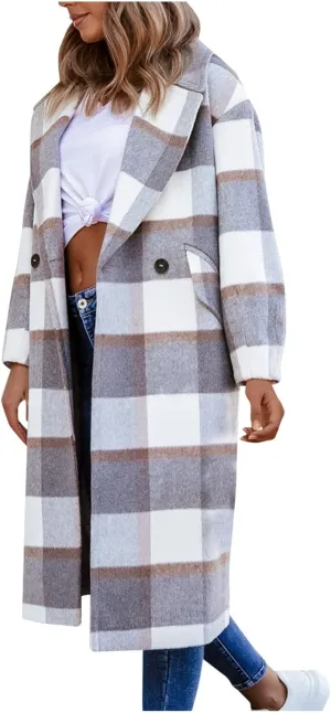 Womens Notched Lapel Collar Double Breasted Trench Pea Coat Winter Warm Wool Blend Overcoat Plaid Shacket Long Jackets