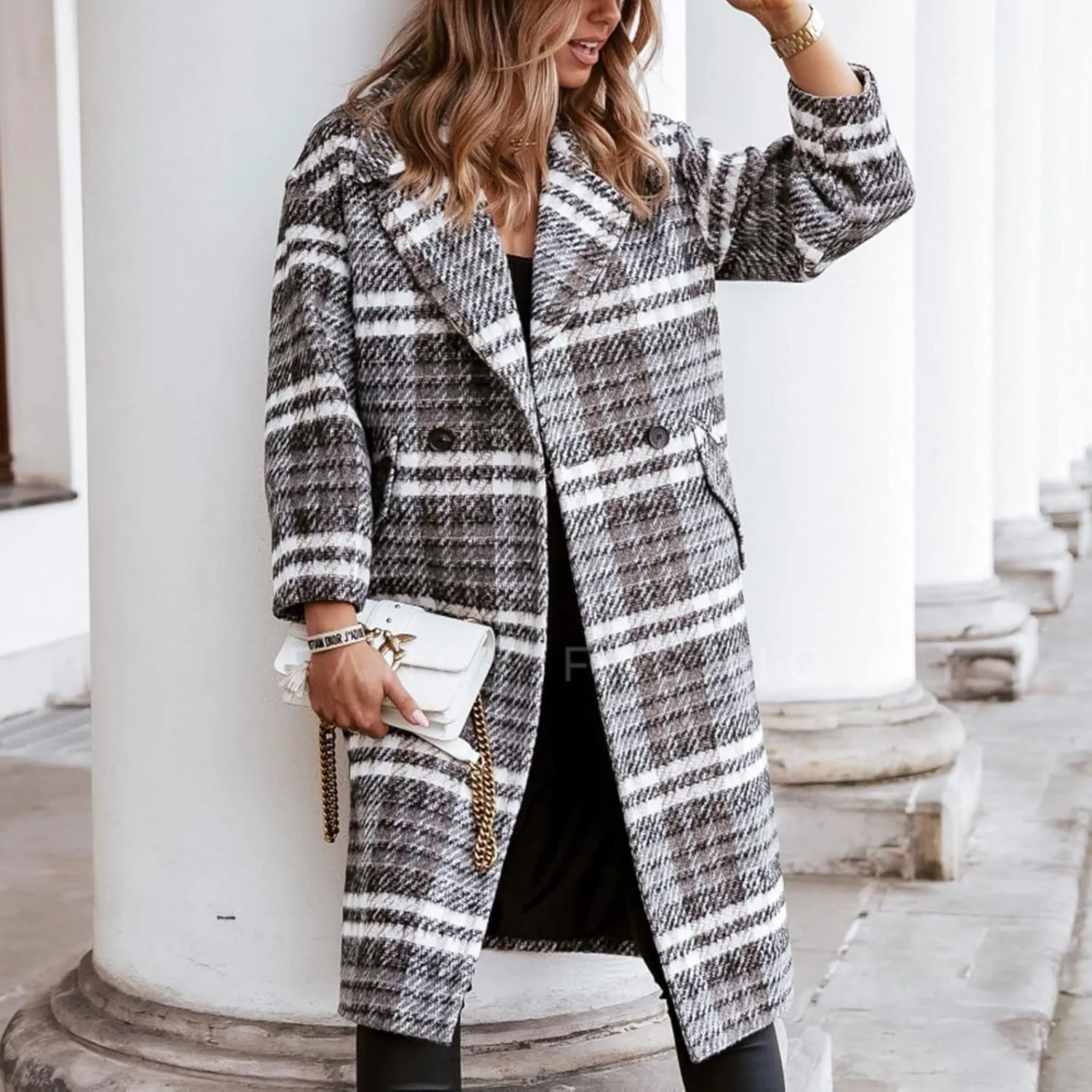 Womens Notched Lapel Collar Double Breasted Trench Pea Coat Winter Warm Wool Blend Overcoat Plaid Shacket Long Jackets