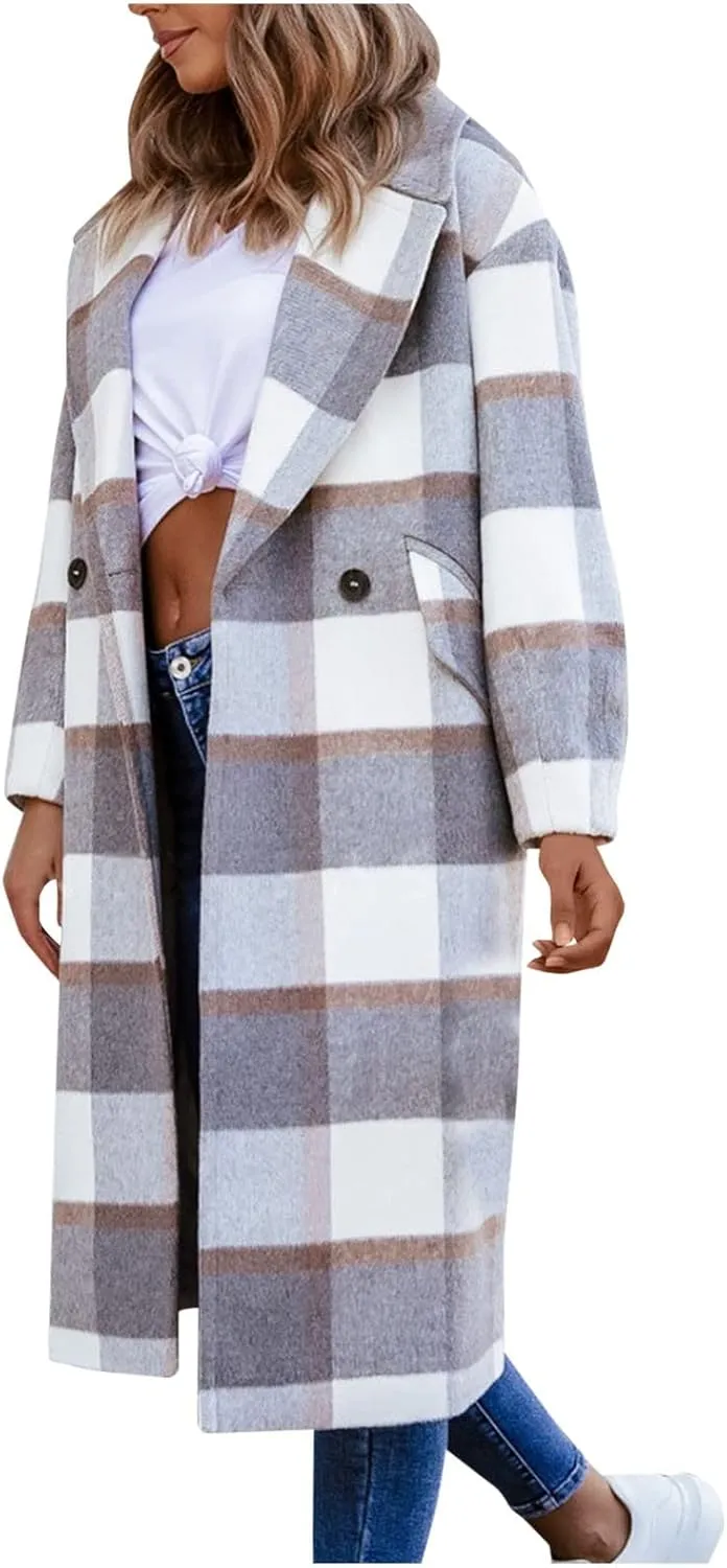 Womens Notched Lapel Collar Double Breasted Trench Pea Coat Winter Warm Wool Blend Overcoat Plaid Shacket Long Jackets