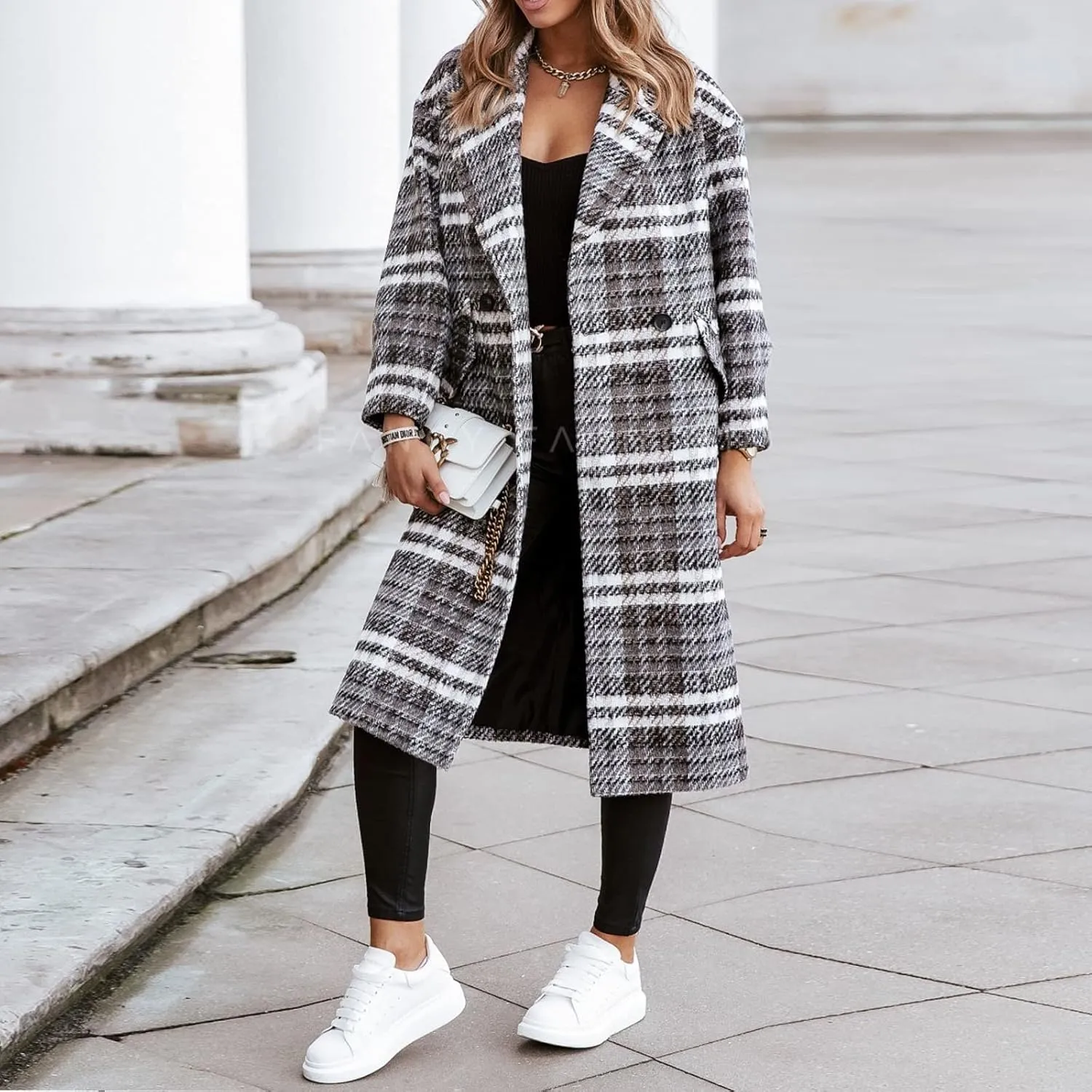 Womens Notched Lapel Collar Double Breasted Trench Pea Coat Winter Warm Wool Blend Overcoat Plaid Shacket Long Jackets