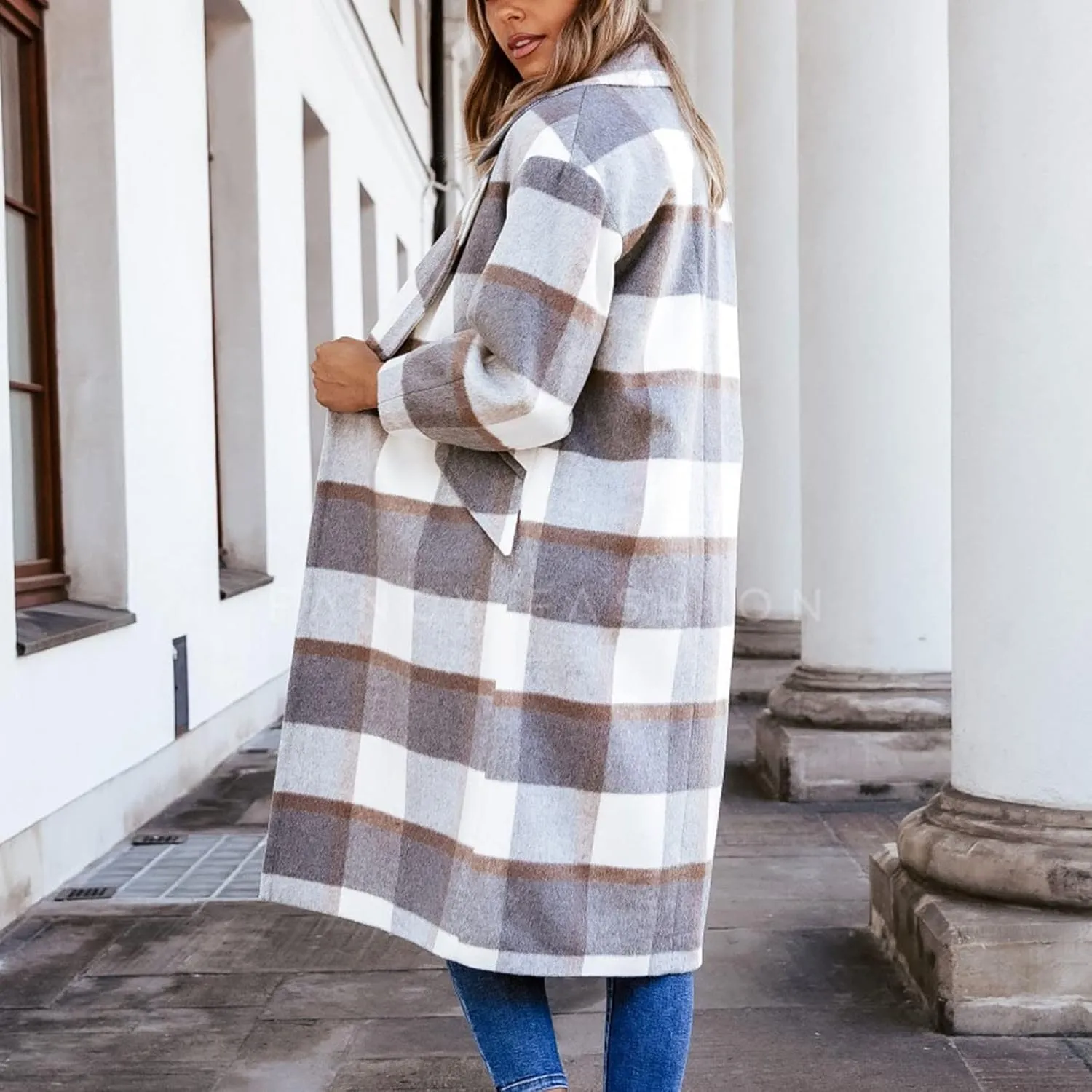 Womens Notched Lapel Collar Double Breasted Trench Pea Coat Winter Warm Wool Blend Overcoat Plaid Shacket Long Jackets