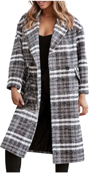 Womens Notched Lapel Collar Double Breasted Trench Pea Coat Winter Warm Wool Blend Overcoat Plaid Shacket Long Jackets