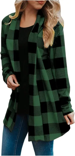 Women's Open Front Cardigan Casual Lightweight Long Sleeve Kimono Cardigans Buffalo Plaid Shirt Comfy Soft Outwear