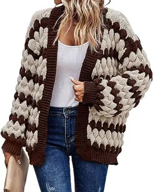 Womens Open Front Cardigan Sweater Oversized Chunky Lantern Sleeve Striped Color Block Sweater Coats