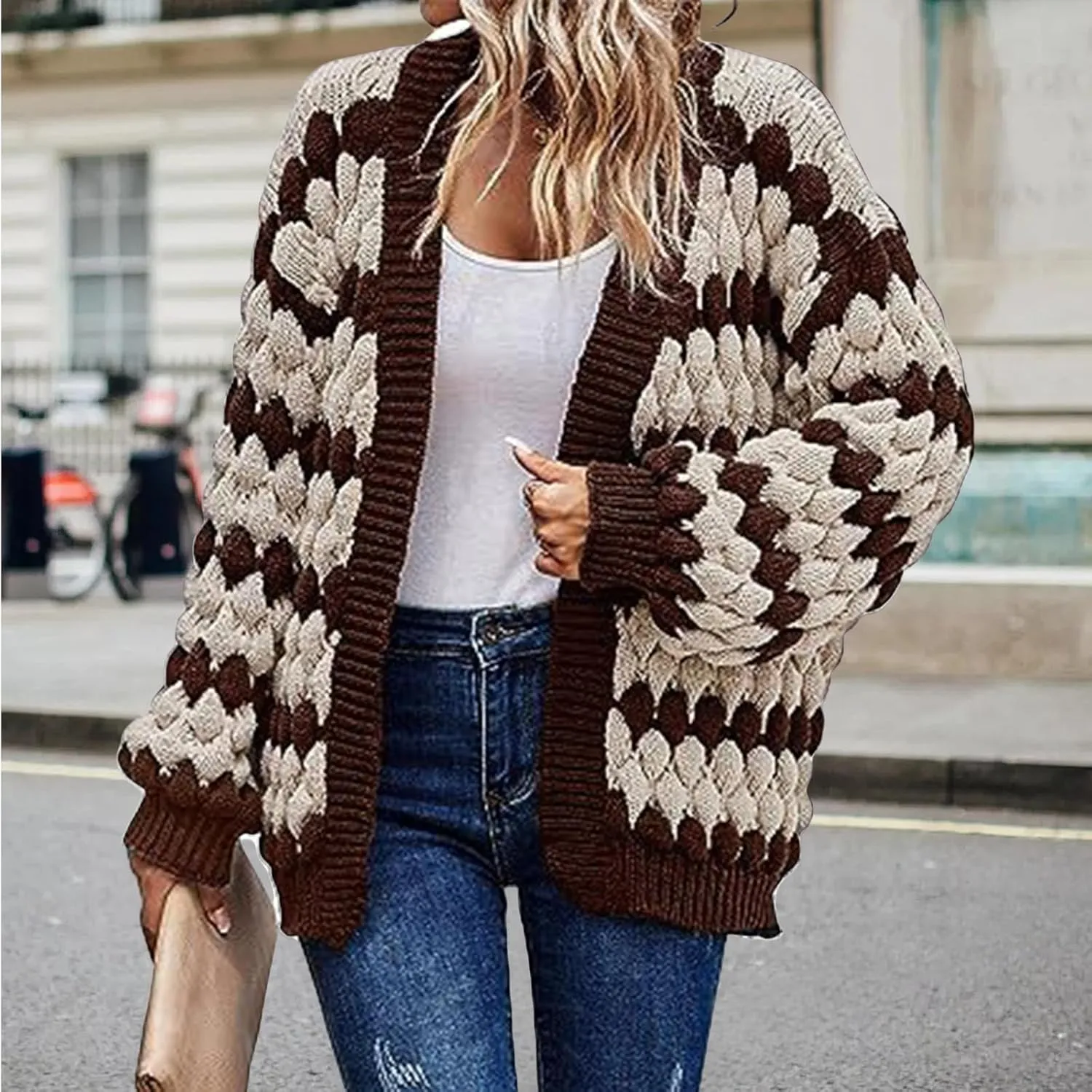 Womens Open Front Cardigan Sweater Oversized Chunky Lantern Sleeve Striped Color Block Sweater Coats