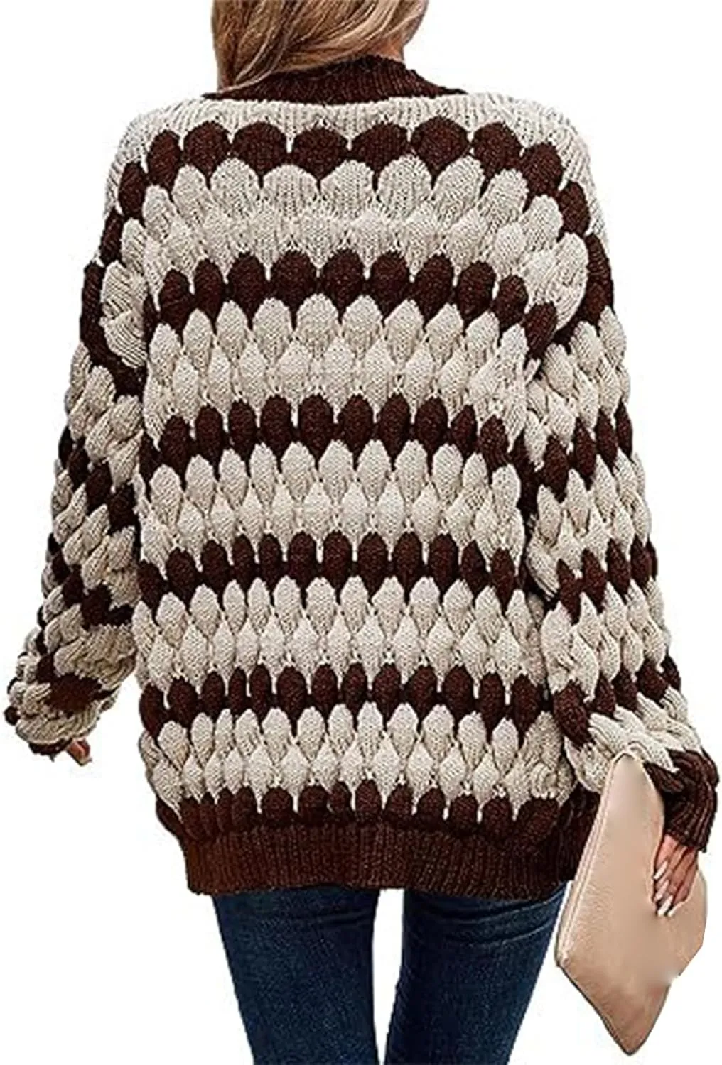 Womens Open Front Cardigan Sweater Oversized Chunky Lantern Sleeve Striped Color Block Sweater Coats