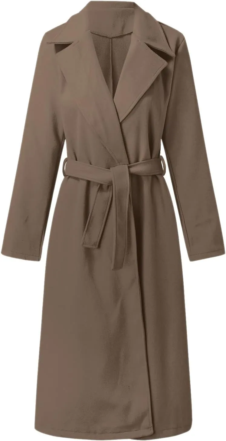 Womens Open Front Long Coat 2024 Fall Plus Size Wool Blend Jackets Classic Belted Formal Outerwear Casual Fashion Coats