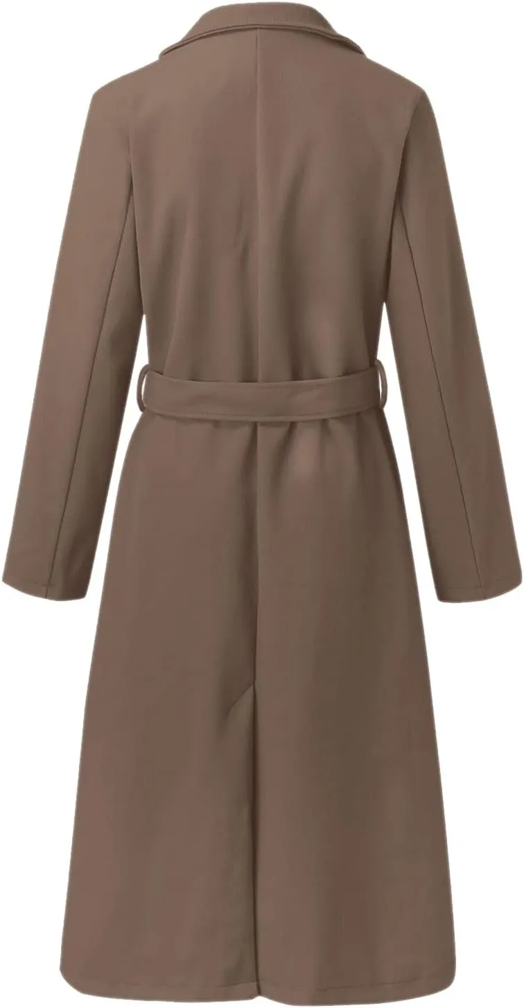 Womens Open Front Long Coat 2024 Fall Plus Size Wool Blend Jackets Classic Belted Formal Outerwear Casual Fashion Coats