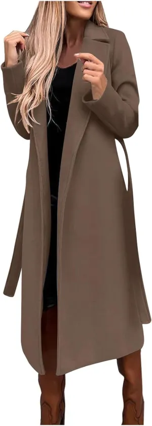 Womens Open Front Long Coat 2024 Fall Plus Size Wool Blend Jackets Classic Belted Formal Outerwear Casual Fashion Coats