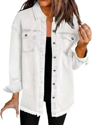 Womens Oversize Denim Jacket Trendy Long Sleeve Button Down Lapel Jacket Coat Casual Cozy Solid Color Top with Pocket