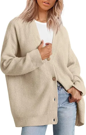 Women's Oversized Cardigan 2023 Button Down Open Front V Neck Solid Cardigans Chunky Knit Loose Casual Dropped Sweaters