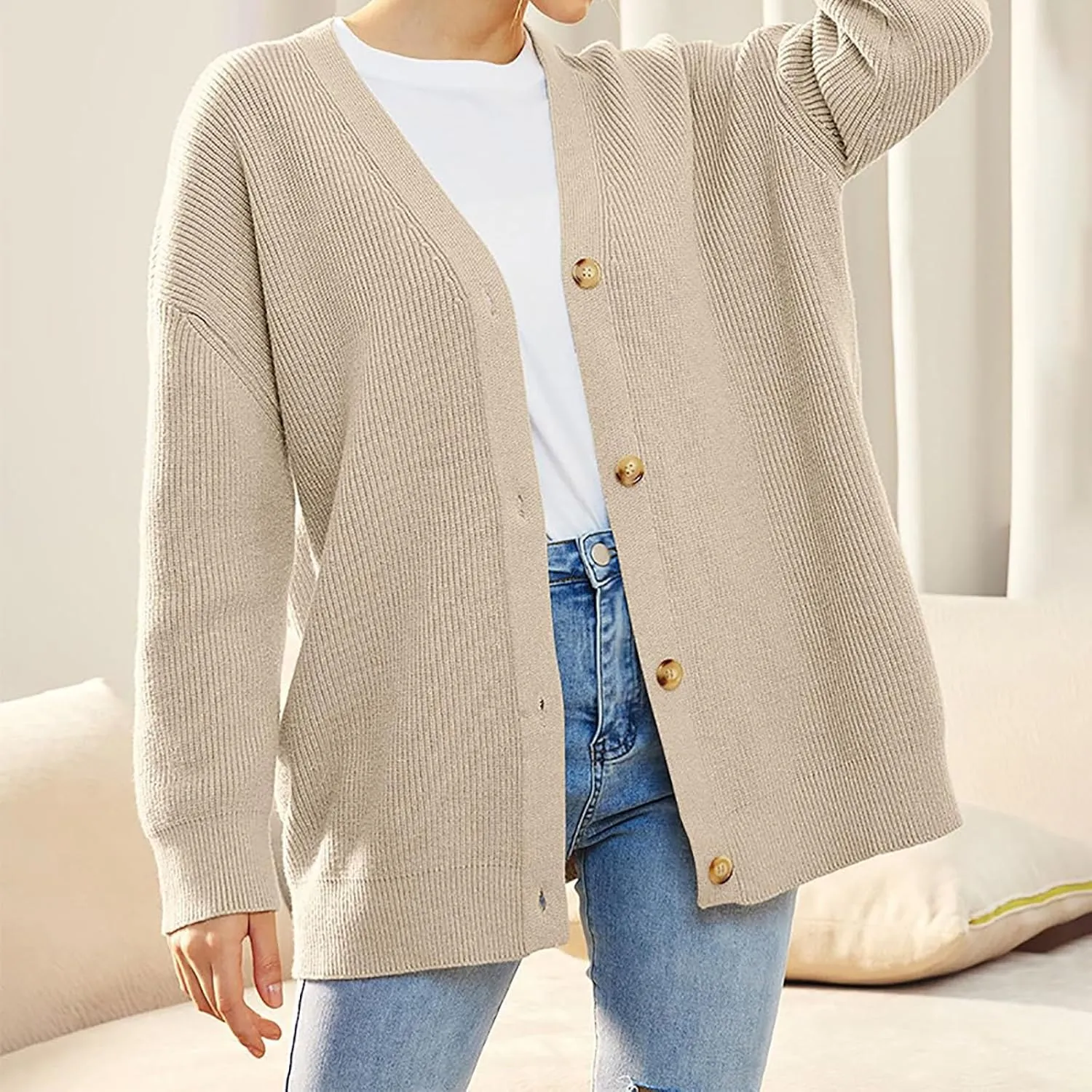 Women's Oversized Cardigan 2023 Button Down Open Front V Neck Solid Cardigans Chunky Knit Loose Casual Dropped Sweaters