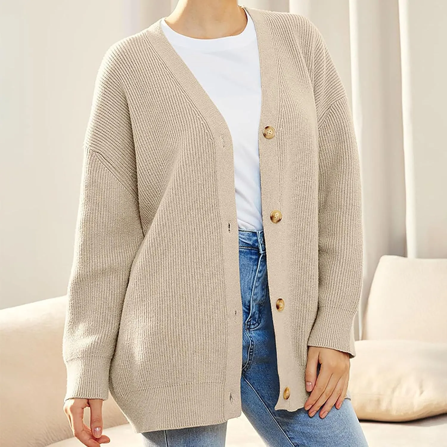 Women's Oversized Cardigan 2023 Button Down Open Front V Neck Solid Cardigans Chunky Knit Loose Casual Dropped Sweaters