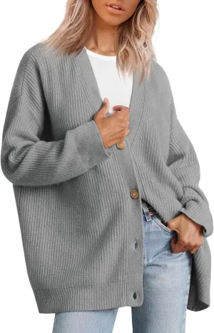 Women's Oversized Cardigan 2023 Button Down Open Front V Neck Solid Cardigans Chunky Knit Loose Casual Dropped Sweaters
