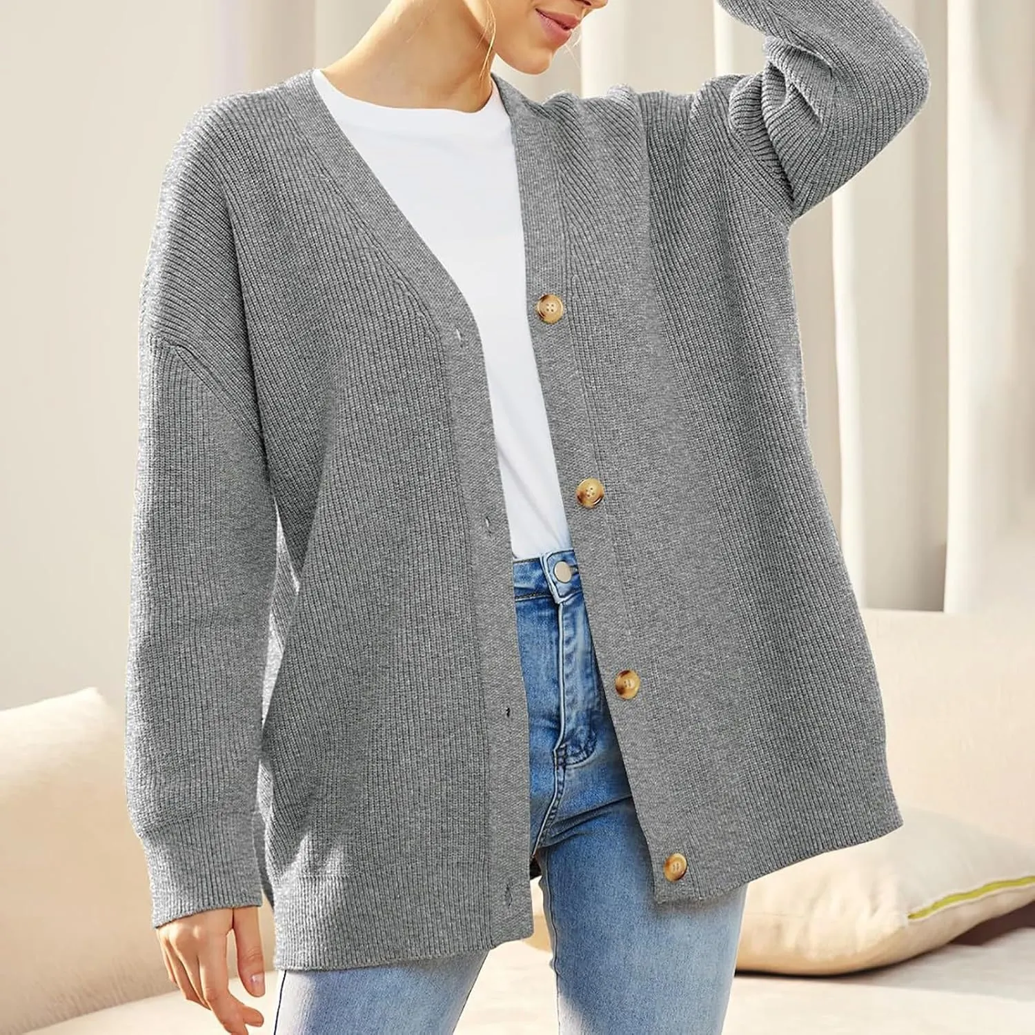 Women's Oversized Cardigan 2023 Button Down Open Front V Neck Solid Cardigans Chunky Knit Loose Casual Dropped Sweaters