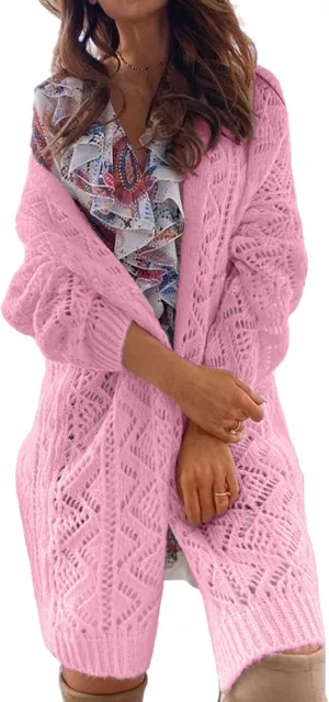Womens Oversized Cute Crochet Chunky Knit Long Cardigan Fall 2024 Sexy Hollow Out Open Front Sweater Cardigans
