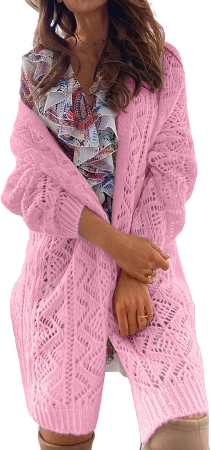 Womens Oversized Cute Crochet Chunky Knit Long Cardigan Fall 2024 Sexy Hollow Out Open Front Sweater Cardigans