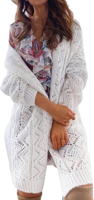 Womens Oversized Cute Crochet Chunky Knit Long Cardigan Fall 2024 Sexy Hollow Out Open Front Sweater Cardigans