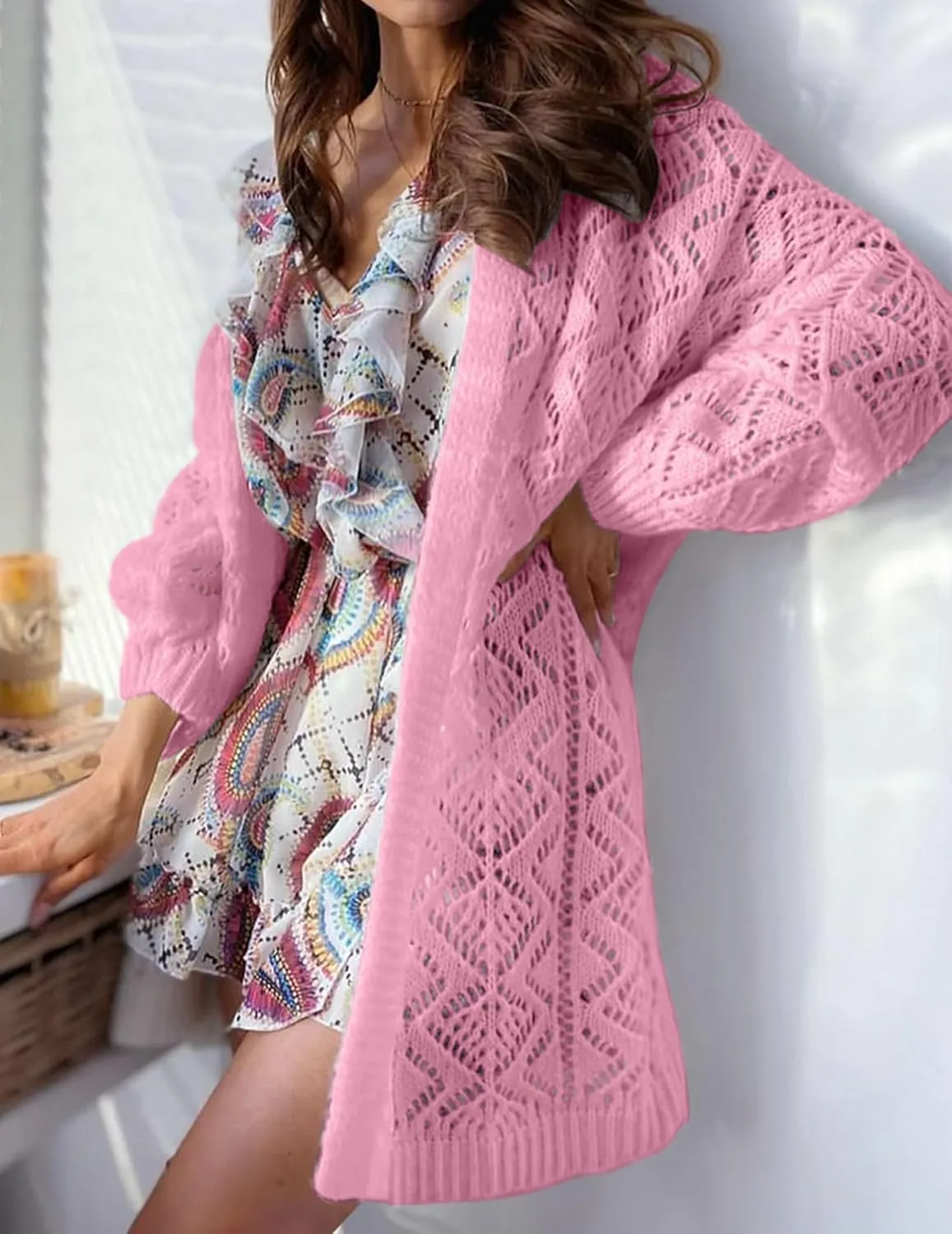 Womens Oversized Cute Crochet Chunky Knit Long Cardigan Fall 2024 Sexy Hollow Out Open Front Sweater Cardigans
