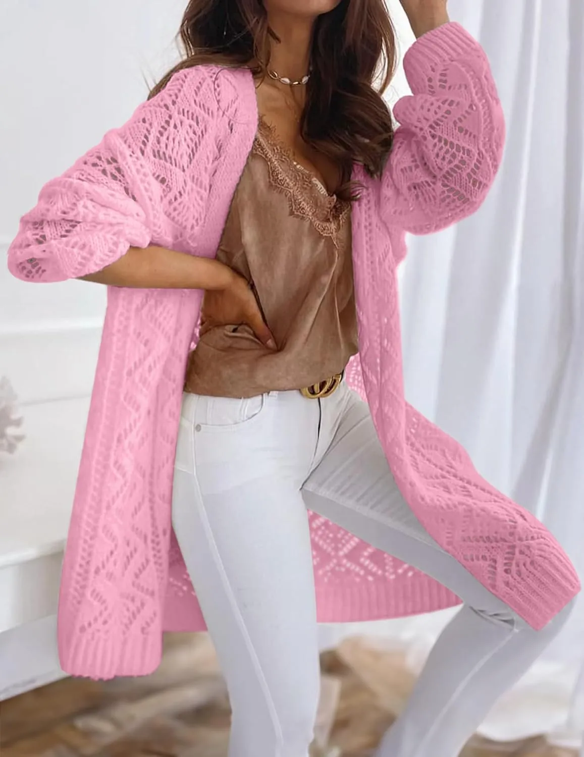 Womens Oversized Cute Crochet Chunky Knit Long Cardigan Fall 2024 Sexy Hollow Out Open Front Sweater Cardigans