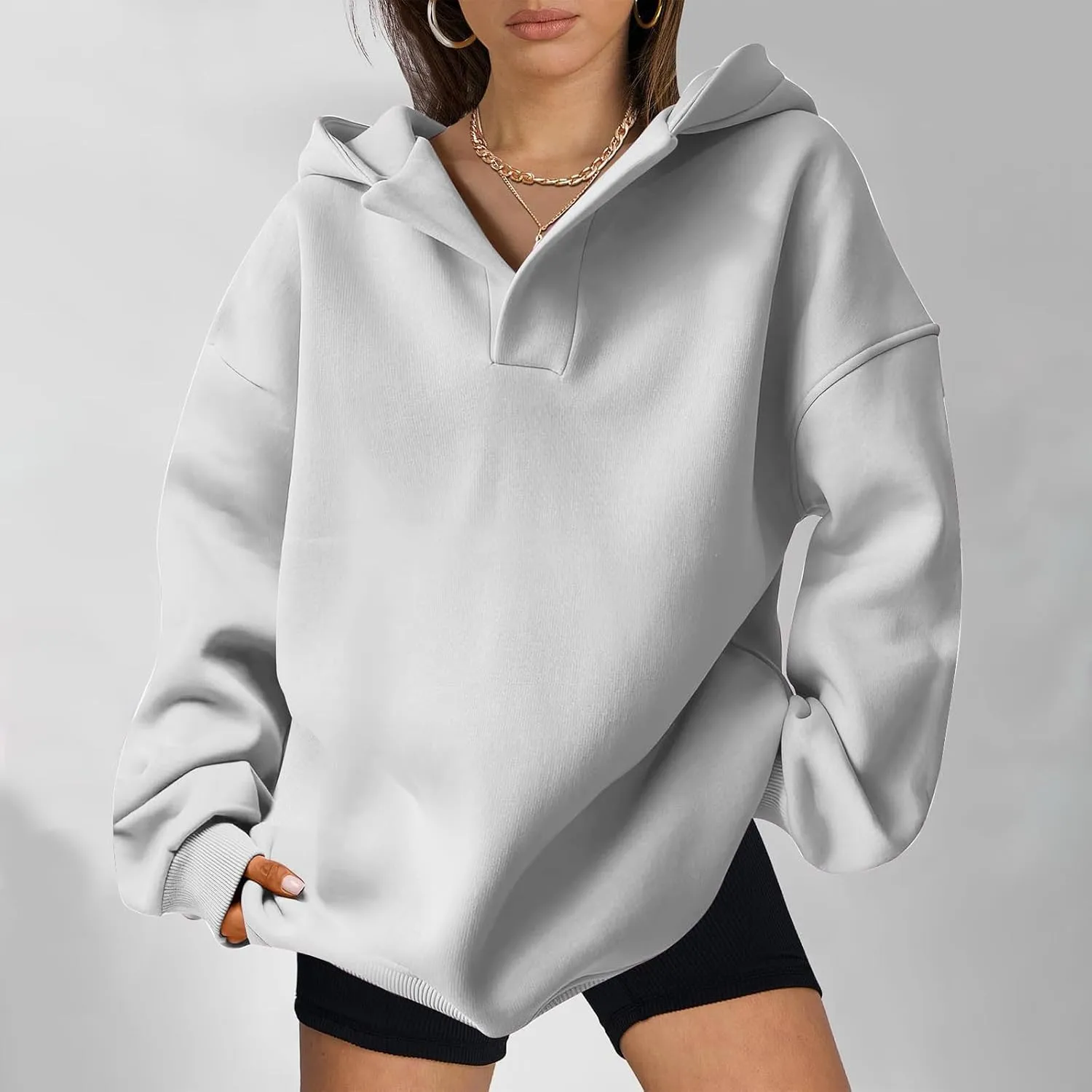Womens Oversized Hoodies Fleece Long Sleeve Sweatshirts Lapel V Neck Casual Sweaters Pullover Fall Fashion Outfits 2024
