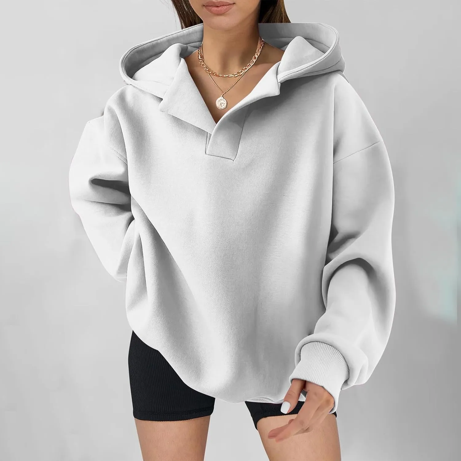 Womens Oversized Hoodies Fleece Long Sleeve Sweatshirts Lapel V Neck Casual Sweaters Pullover Fall Fashion Outfits 2024