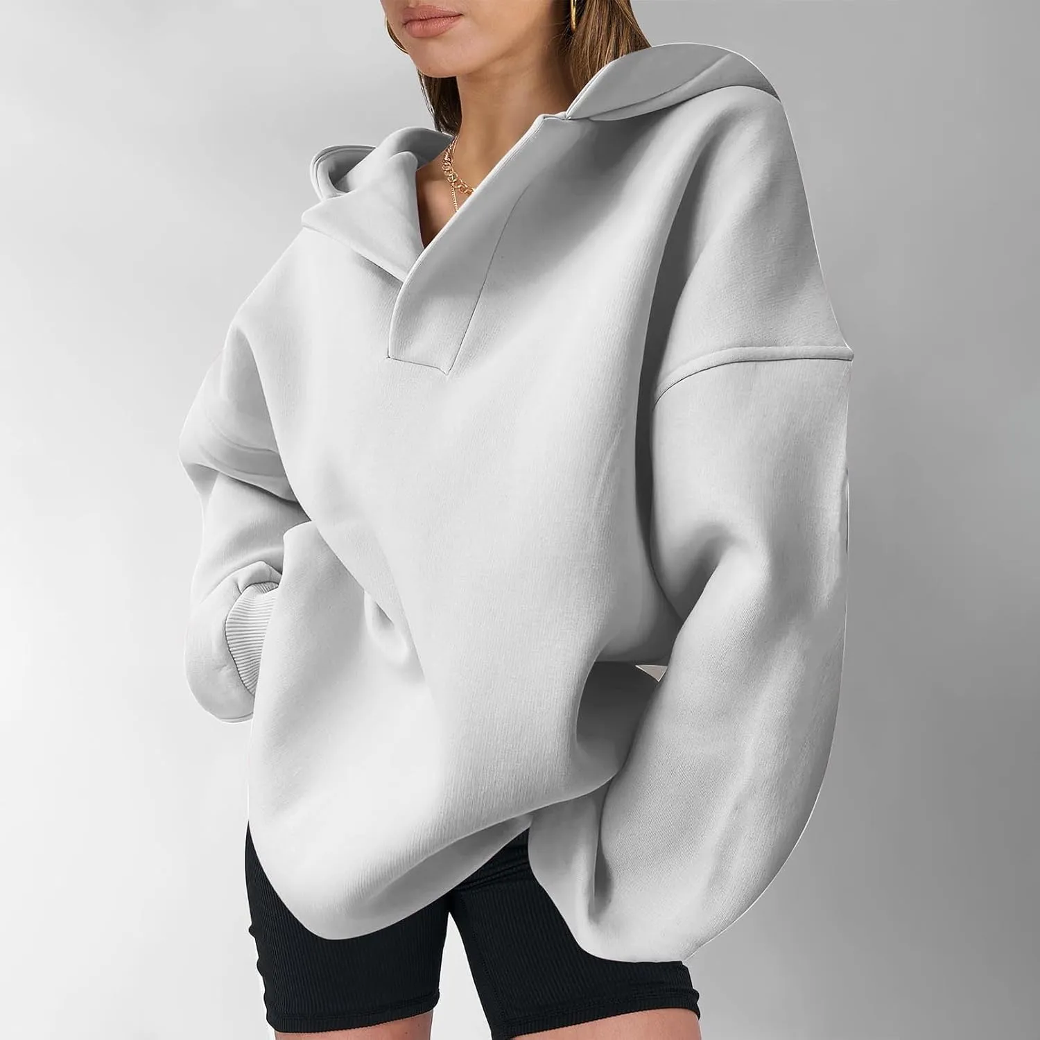 Womens Oversized Hoodies Fleece Long Sleeve Sweatshirts Lapel V Neck Casual Sweaters Pullover Fall Fashion Outfits 2024