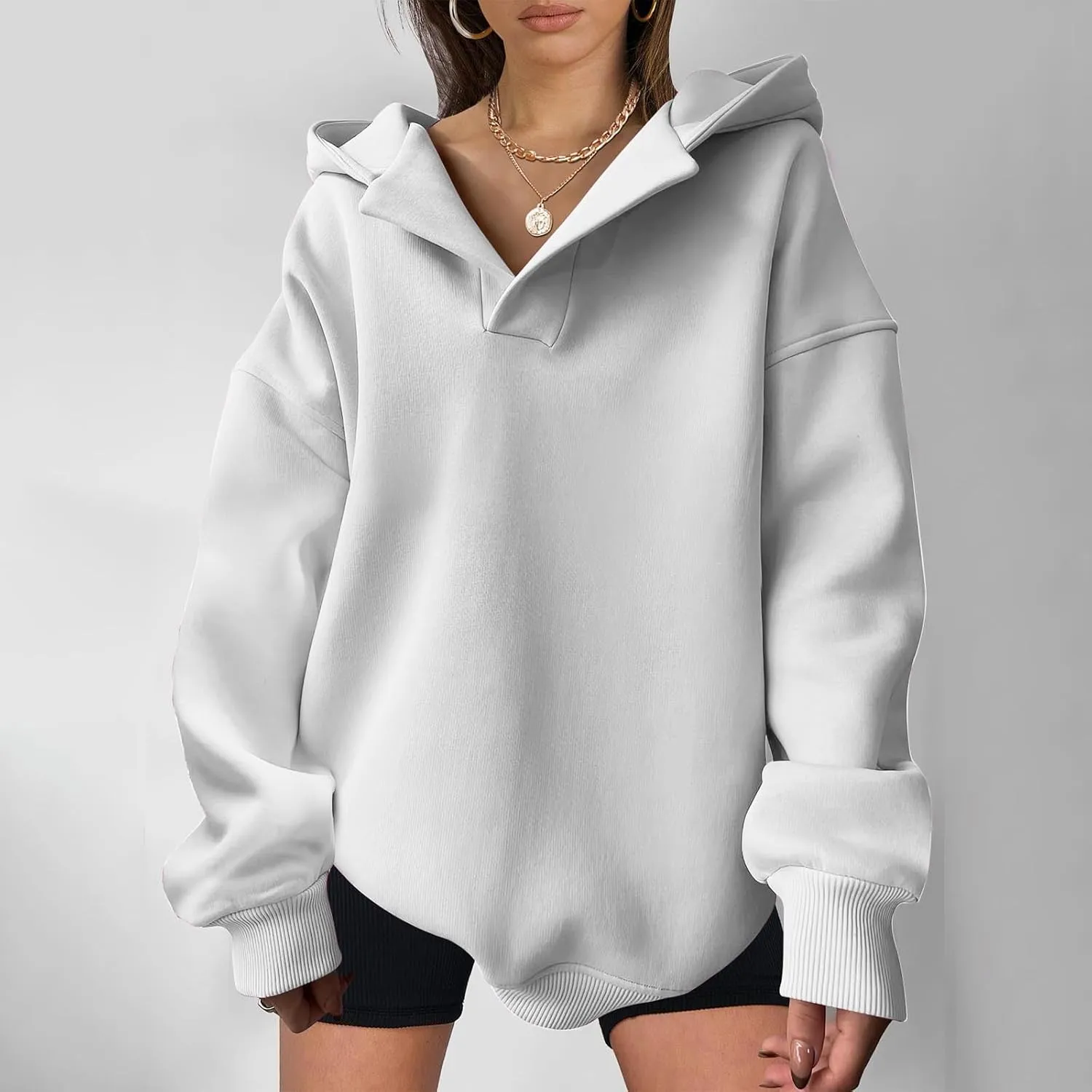 Womens Oversized Hoodies Fleece Long Sleeve Sweatshirts Lapel V Neck Casual Sweaters Pullover Fall Fashion Outfits 2024