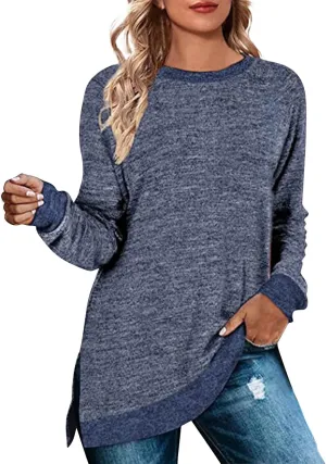 Women's Oversized Shirts Dressy Long Sleeve Crewneck Side Split Loose Casual Pullover Tops Fall Lightweight Tunics