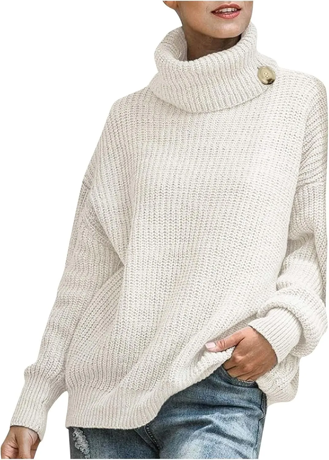 Women's Oversized Turtleneck Sweaters Long Sleeves Loose Casual Knitwear Ribbed Knit Pullover Sweater Blouse Tops