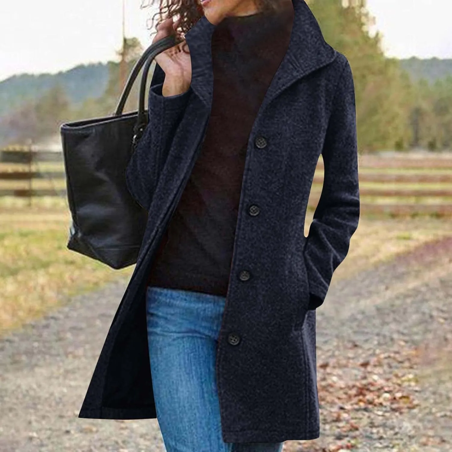 Womens Pea Coat Casual Thicken Wool Blend Stand Collar Trench Coats Single Breasted Mid-Long Peacoat Jackets