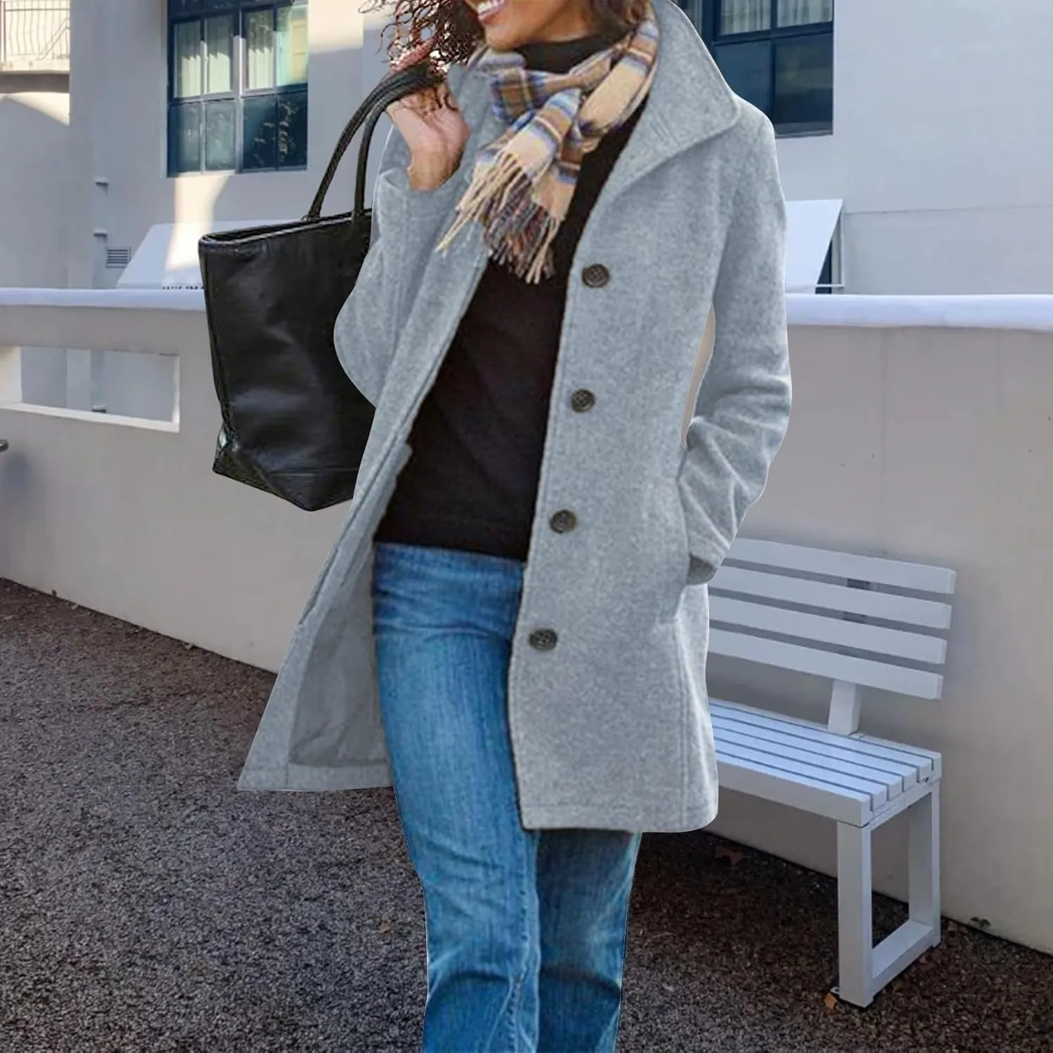 Womens Pea Coat Elegant Single Breasted Winter Trench Coat Dressy Casual Thicken Wool Blend Blazer Jacket with Pockets