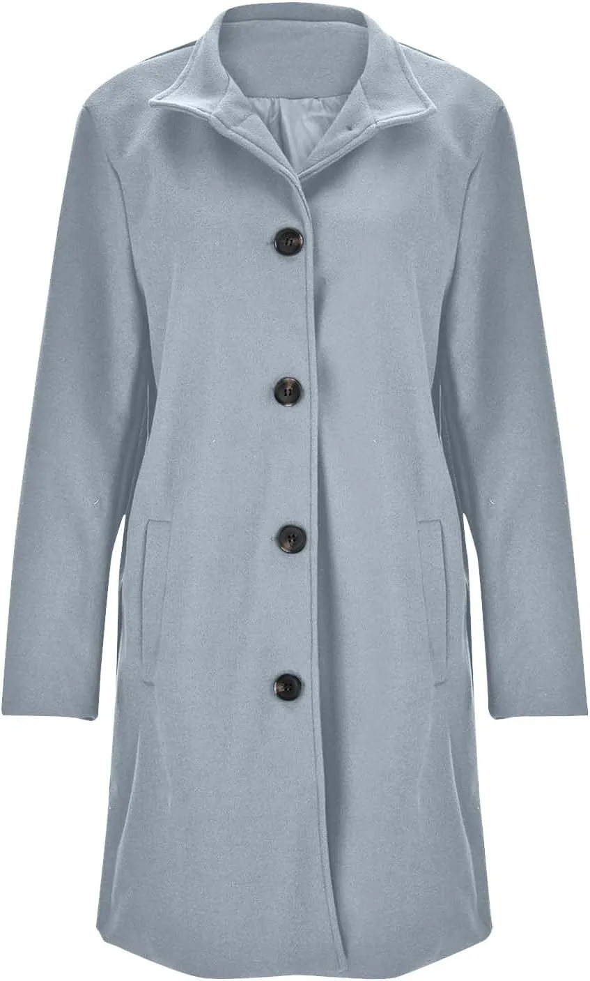 Womens Pea Coat Elegant Single Breasted Winter Trench Coat Dressy Casual Thicken Wool Blend Blazer Jacket with Pockets