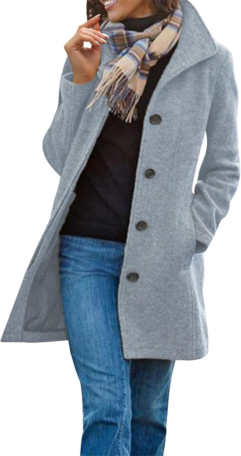 Womens Pea Coat Elegant Single Breasted Winter Trench Coat Dressy Casual Thicken Wool Blend Blazer Jacket with Pockets