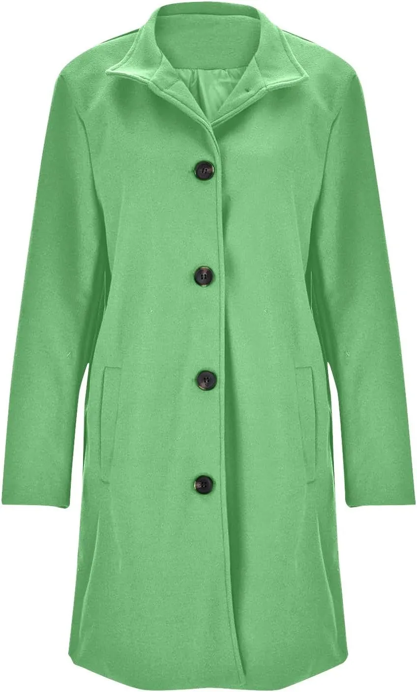 Womens Pea Coat Elegant Single Breasted Winter Trench Coat Dressy Casual Thicken Wool Blend Blazer Jacket with Pockets