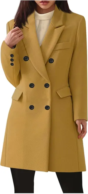Womens Pea Coat Plus Size Wool Coat Long Winter Coat Elegant Dress Coat Office Work Jacket Business Casual Coats