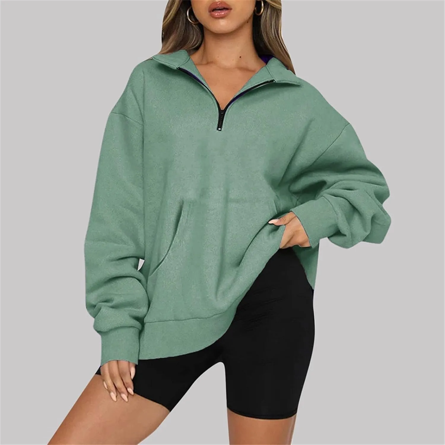 Womens Quarter Zip Pullover Cropped Fleece Hoodies Lightweight Crew Neck Sweatshirt Casual Fall Outfit