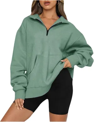 Womens Quarter Zip Pullover Cropped Fleece Hoodies Lightweight Crew Neck Sweatshirt Casual Fall Outfit