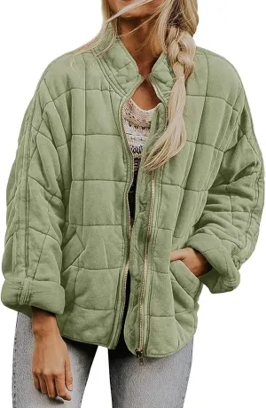 Women'S Quilted Lightweight Jackets Fall Casual Puffer Jacket Warm Winter Bomber Coats Oversized Outerwear Pockets