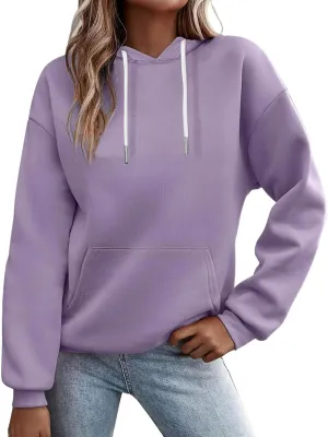 Women's Regular Fit Hoodie Solid Color Loose Drawstring Hooded Long Sleeve Pullover Tops Fall Warm Fleece Sweatshirts
